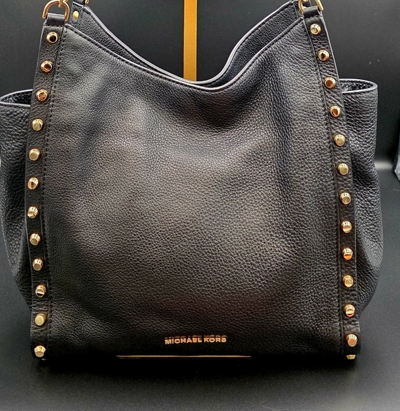 Michael Kors Black Pebbled Leather Goldtone Chain Handles Studded Satchel - Picture 4 of 12